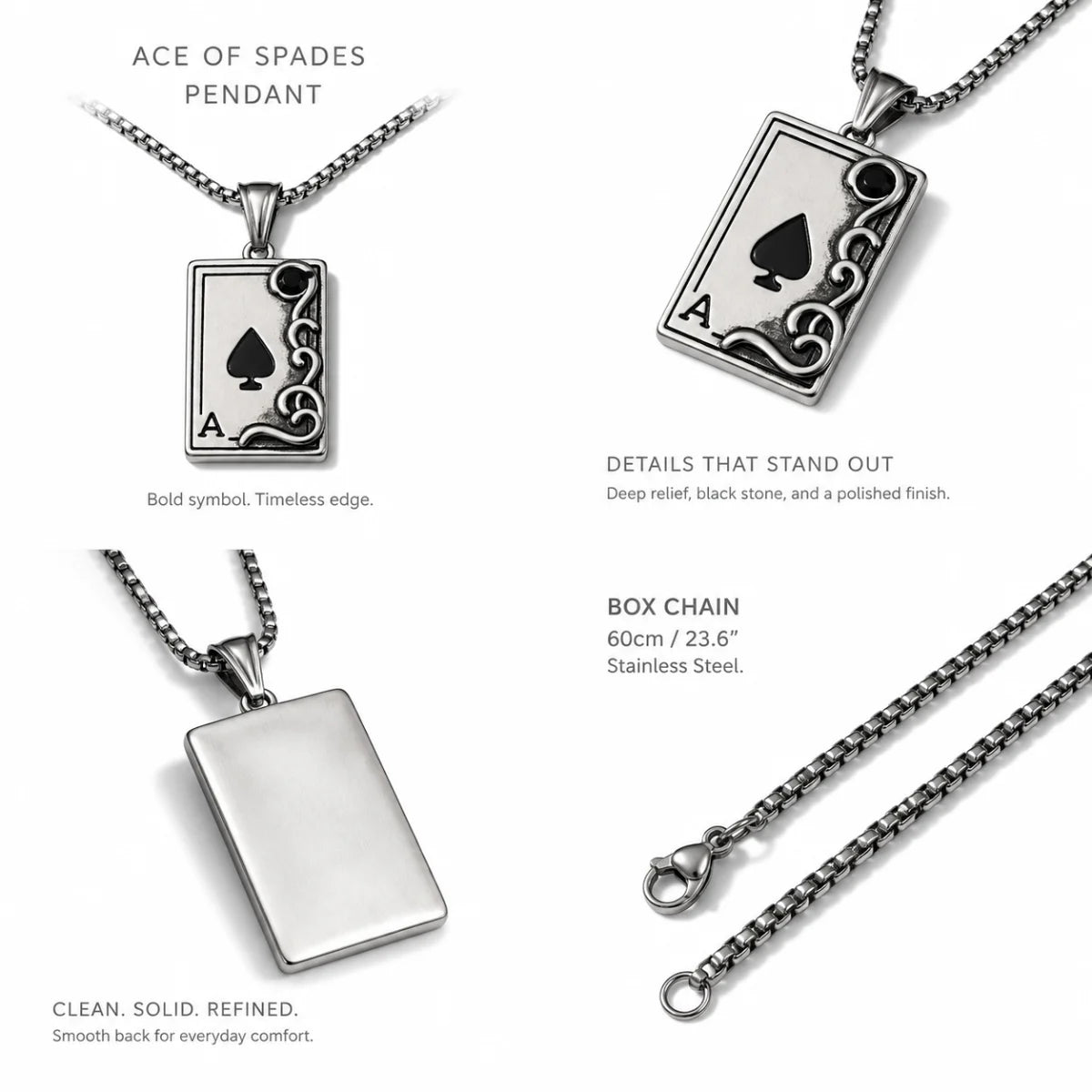 Ace of Spades Necklace Silver Multi Angle Product Feature Showcase
