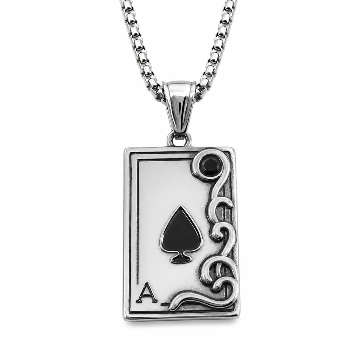 Ace of Spades Necklace Silver Pendant with Chain Front View White Background