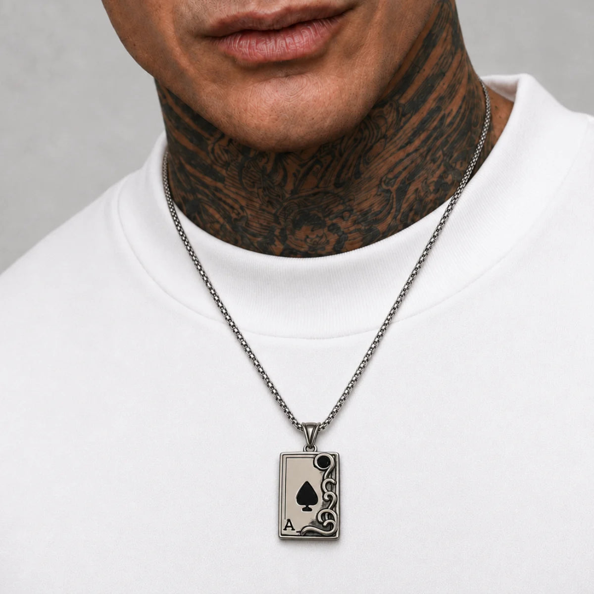 Ace of Spades Necklace Silver Worn by Male Model Chest View