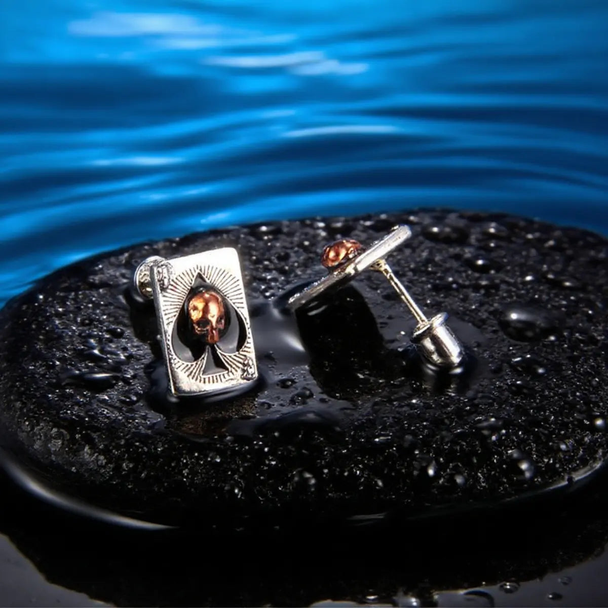 Ace of Spades Skull Earrings Front and Back