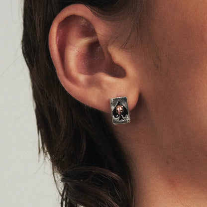 Ace of Spades Skull Earrings Worn by Male Model Side View