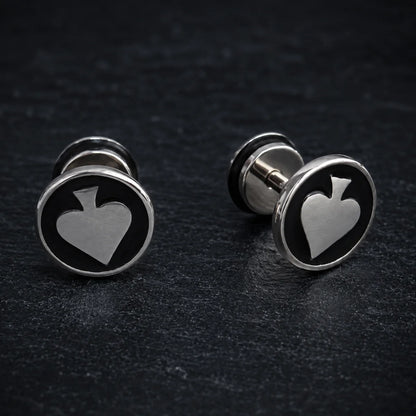 Ace of Spades Studs Silver Pair Close Up Black Background