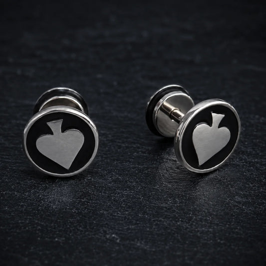 Ace of Spades Studs Silver Pair Close Up Black Background