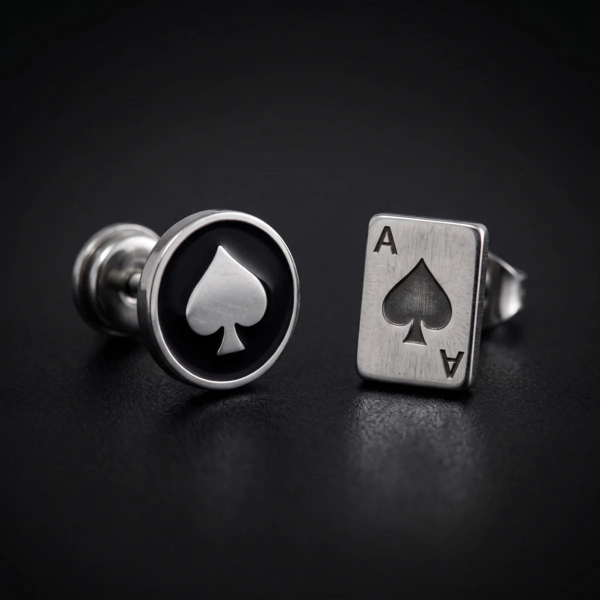 Ace of Spades Studs Silver Round and Playing Card Style Pair