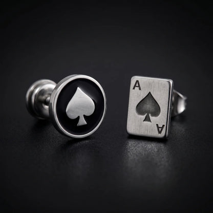 Ace of Spades Studs Silver Round and Playing Card Style Pair