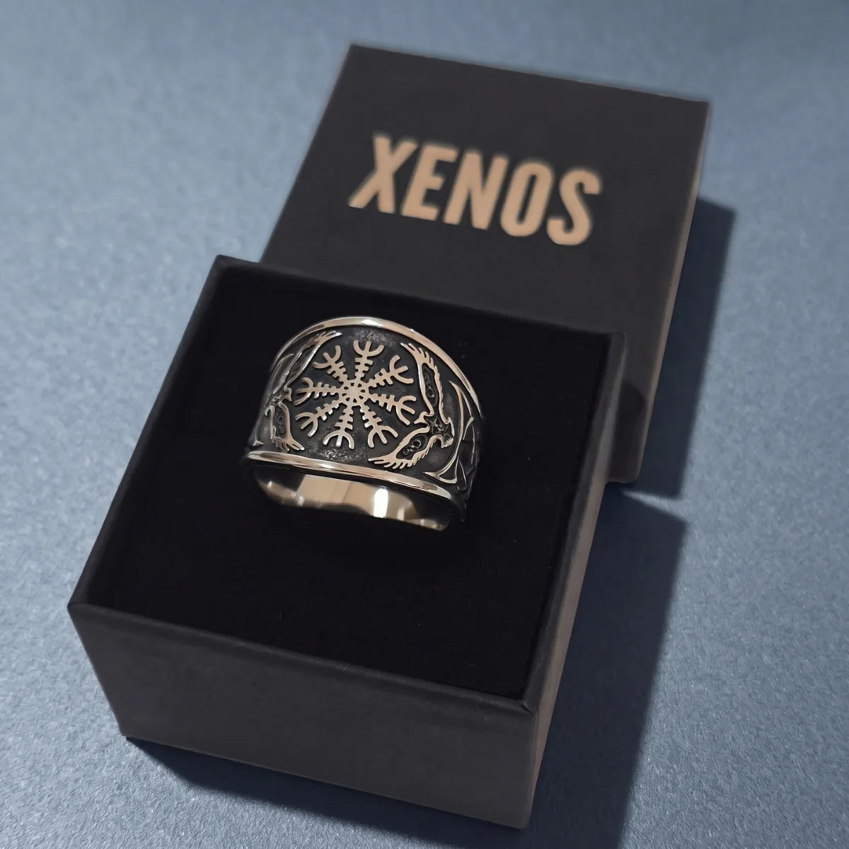 Aegishjalmur Raven Ring Silver Presented in Xenos Jewelry Packaging Box