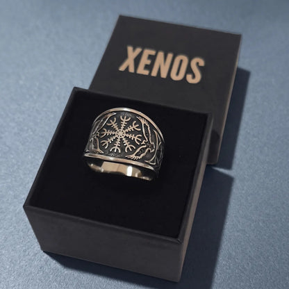 Aegishjalmur Raven Ring Silver Presented in Xenos Jewelry Packaging Box