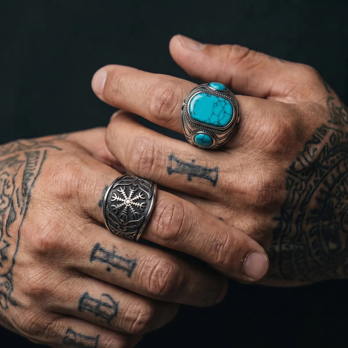Aegishjalmur Raven Ring Silver Worn by Male Model with Tattoos