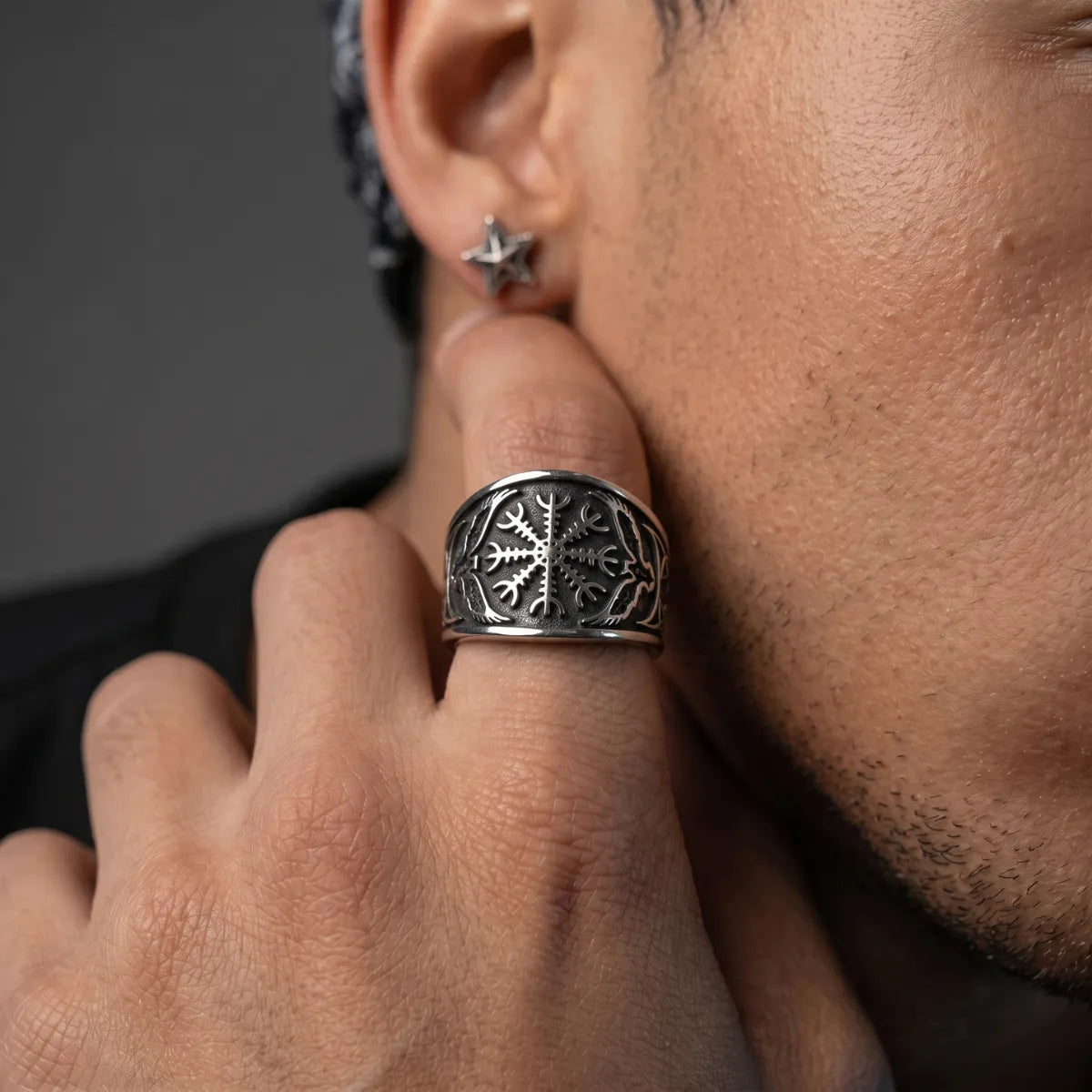 Aegishjalmur Raven Ring Silver Worn by Male Model