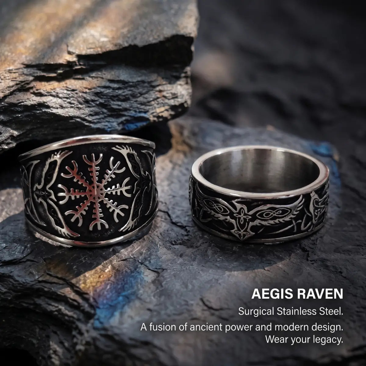 Aegishjalmur Raven Ring Silver on Stone Surface