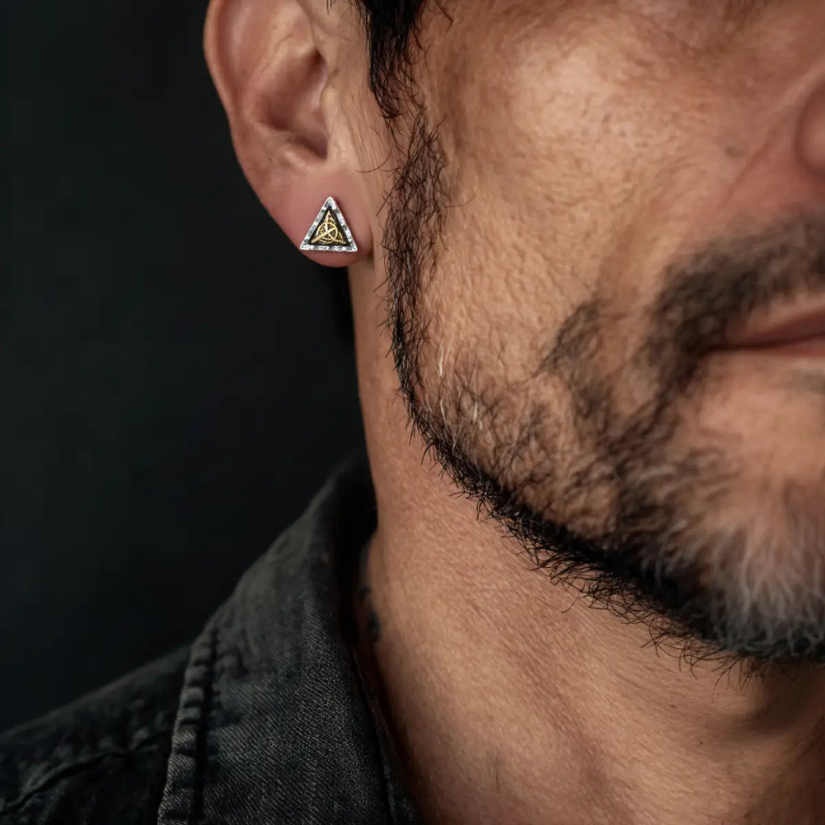 All Seeing Eye Pyramid Stud Earrings Worn by Male Model Close Up