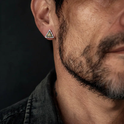 All Seeing Eye Pyramid Stud Earrings Worn by Male Model Close Up