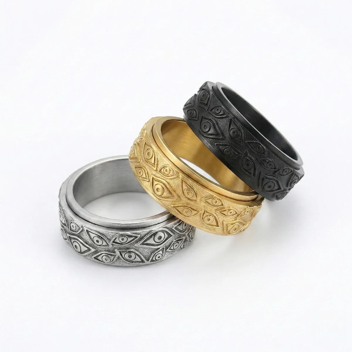 All Seeing Eye Spinner Rings Silver Gold and Black