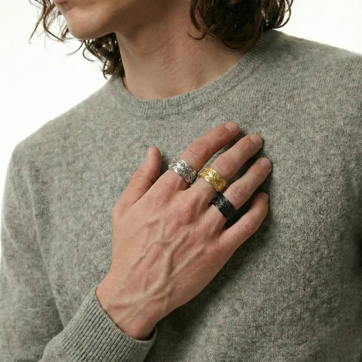 All Seeing Eye Spinner Rings Worn by Male Model
