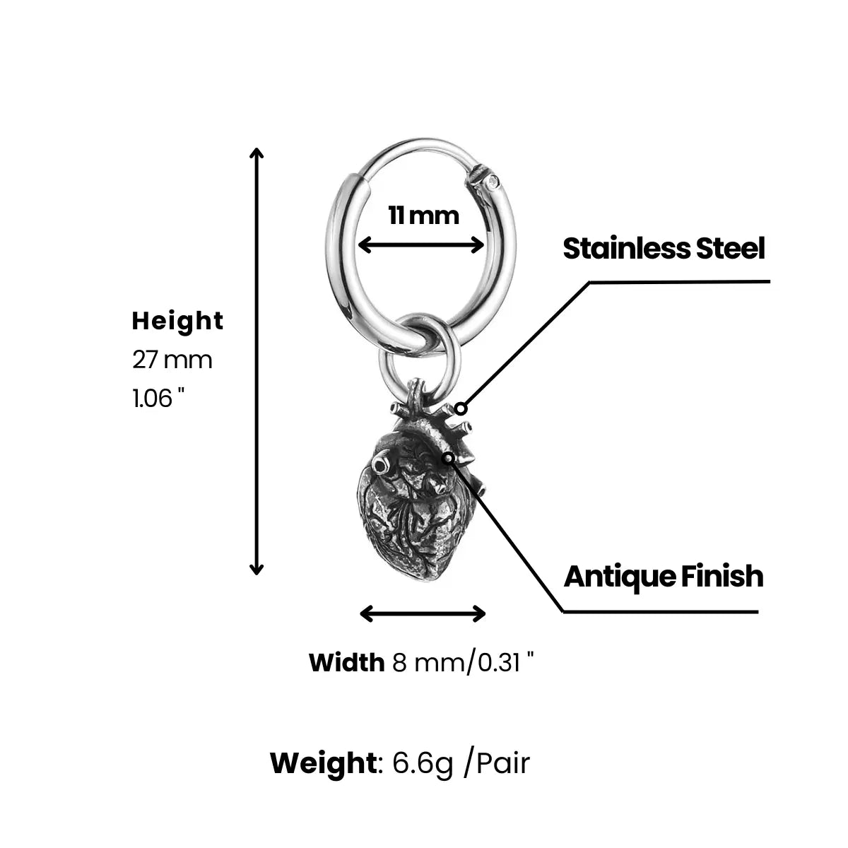 Anatomical Heart Drop Hoop Earrings Dimensions and Weight