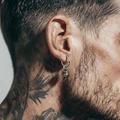 Anatomical Heart Drop Hoop Earrings Worn by Male Model