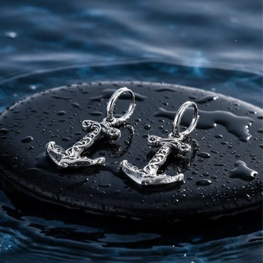 Anchor Drop Hoop Earrings with Wave Front View