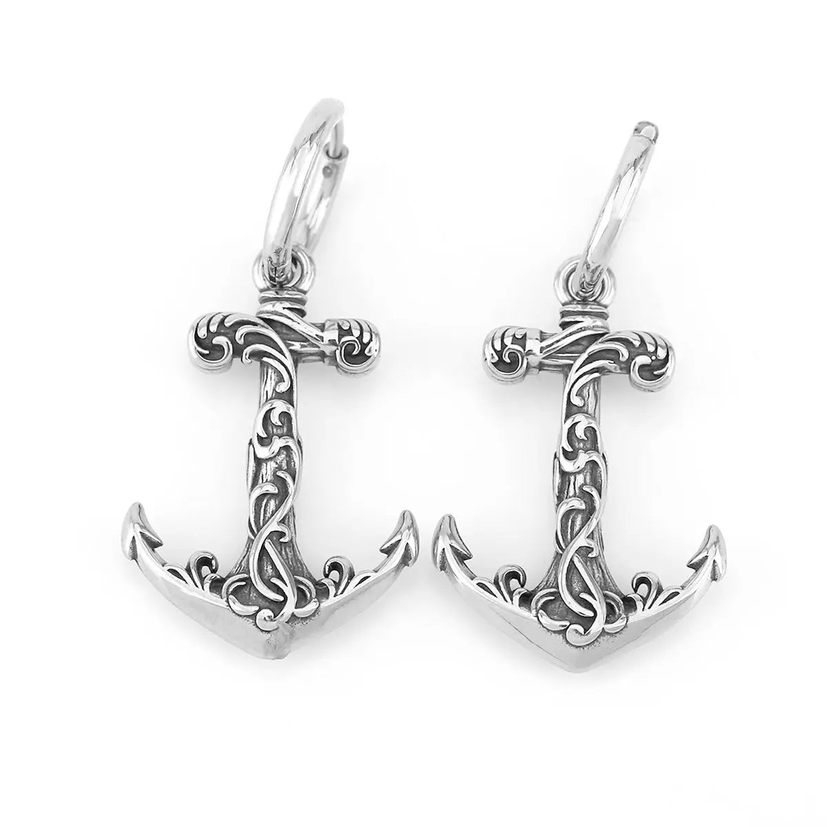 Anchor Drop Hoop Earrings with Wave White Background