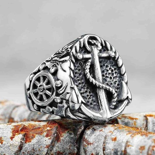 Anchor Ring with Ship Wheel Xenos Jewelry