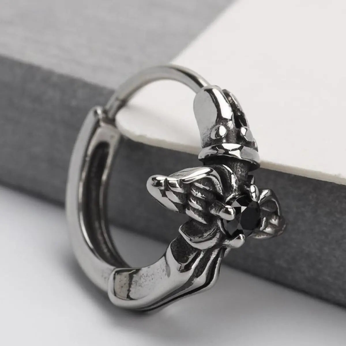 Angel Wing Cross Hoop Earrings Silver Close Up