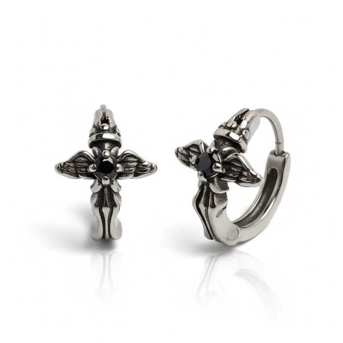 Angel Wing Cross Hoop Earrings Silver on a white background