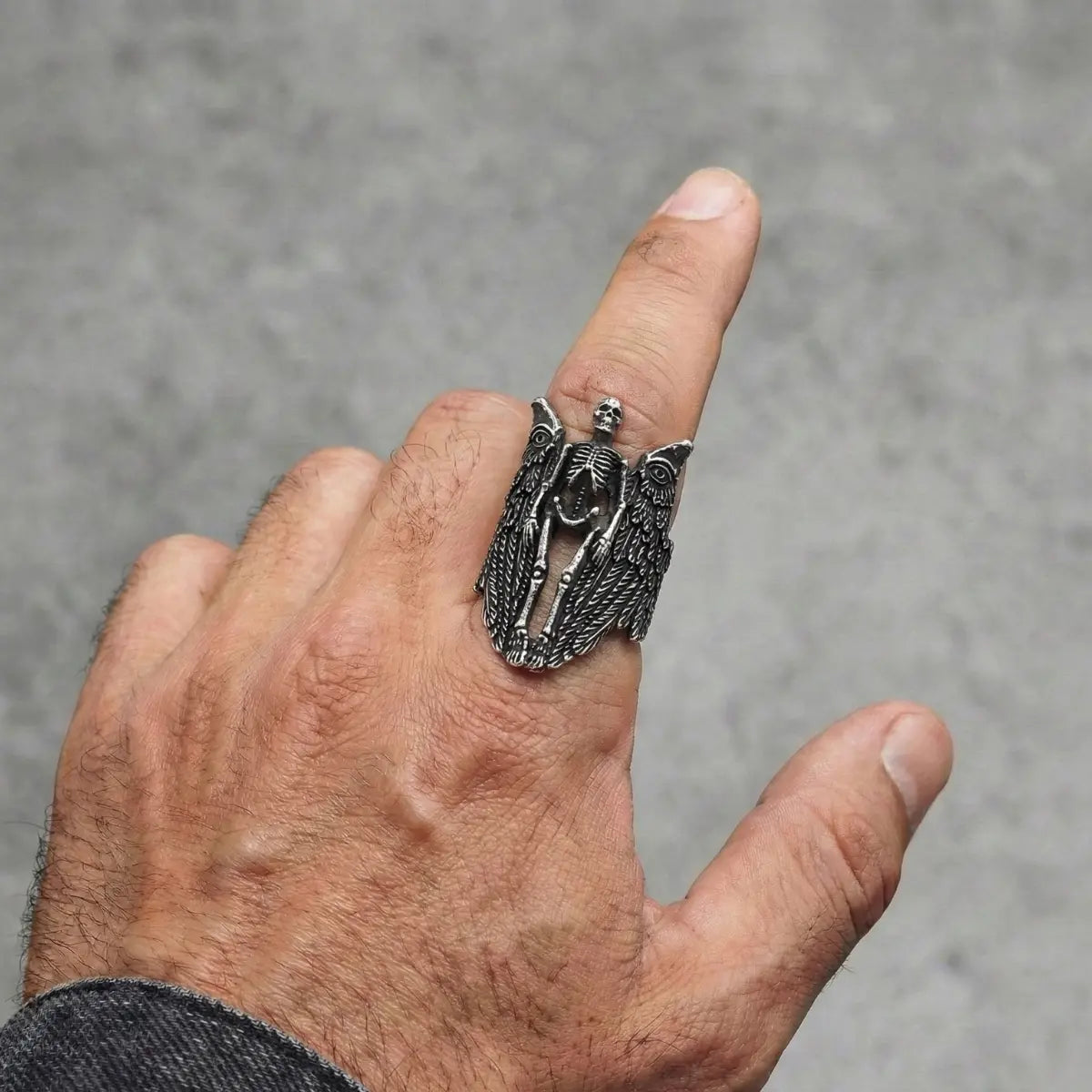 Angel of Death Ring Worn by Male Model Close Up