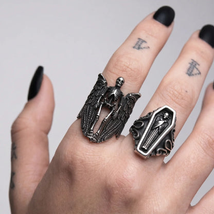 Angel of Death Ring and Coffin Ring Worn by Female Model