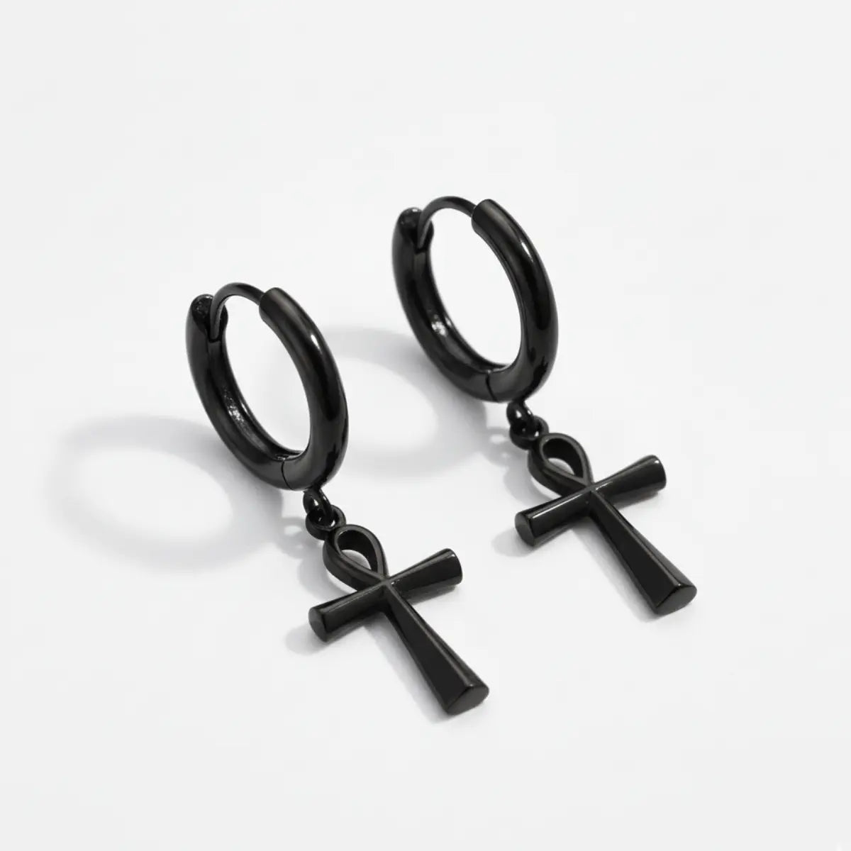 Ankh Dangle Hoop Earrings Black Front
