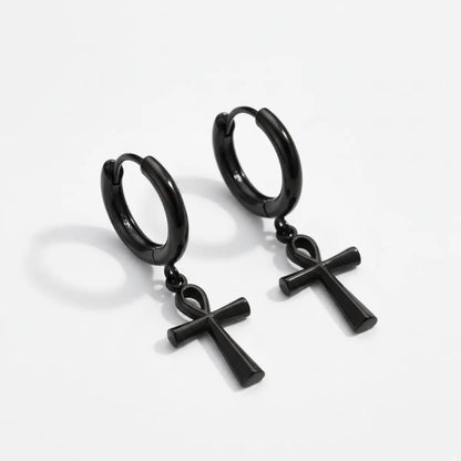 Ankh Dangle Hoop Earrings Black Front