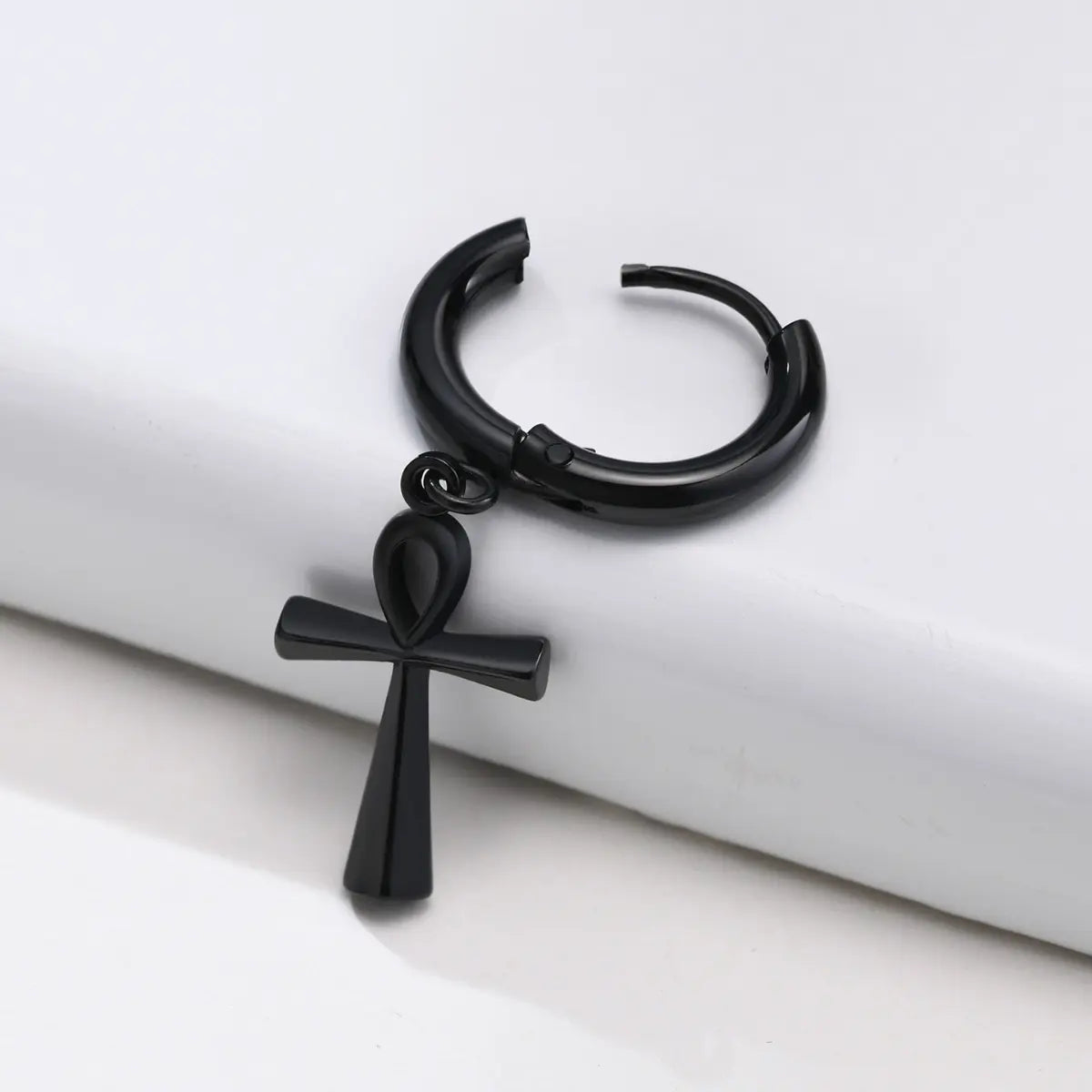 Ankh Dangle Hoop Earrings Black Side