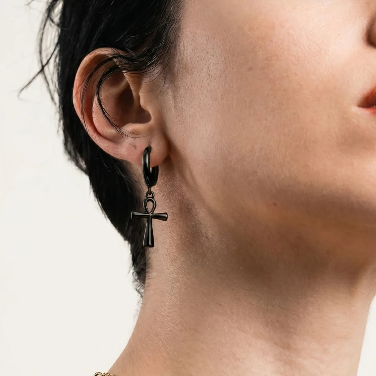 Ankh Dangle Hoop Earrings Black Worn by Female Model