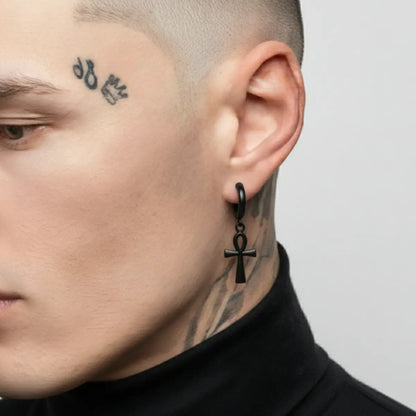 Ankh Dangle Hoop Earrings Black Worn by Male Model
