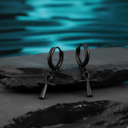 Ankh Dangle Hoop Earrings Black