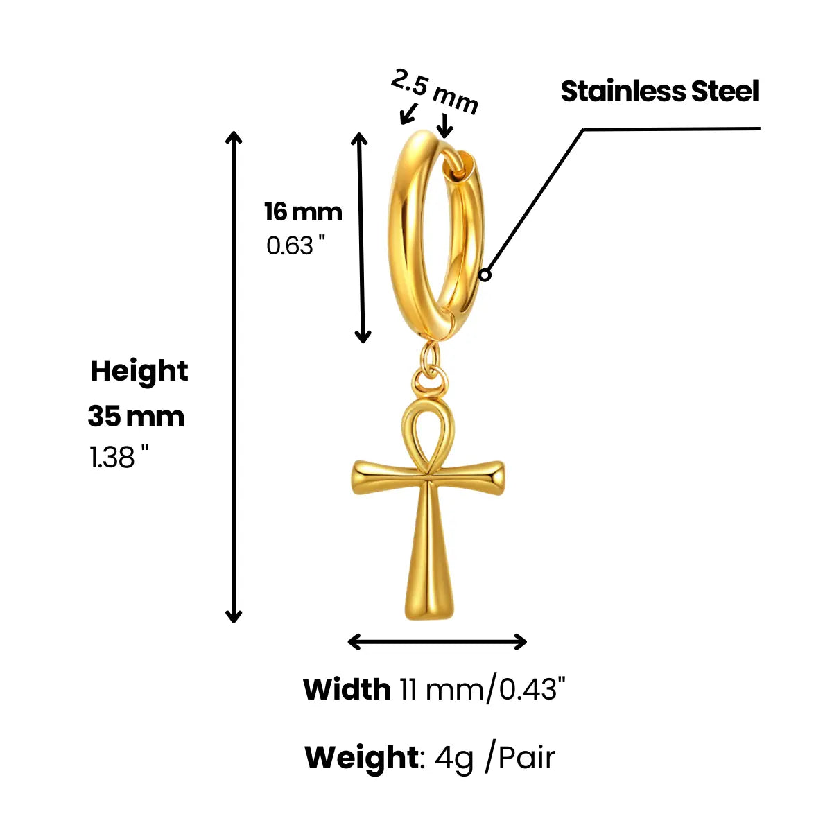 Ankh Dangle Hoop Earrings Gold Dimensions and Weight