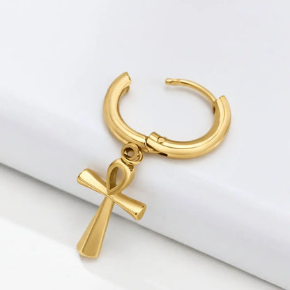 Ankh Dangle Hoop Earrings Gold Side