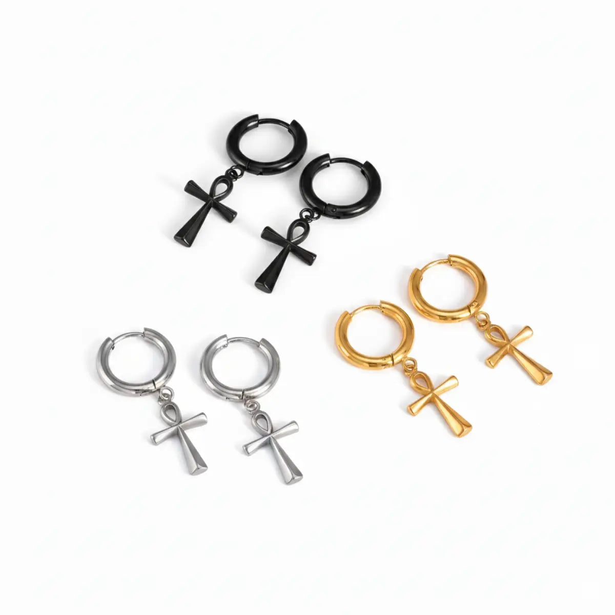 Ankh Dangle Hoop Earrings Gold Silver and Black