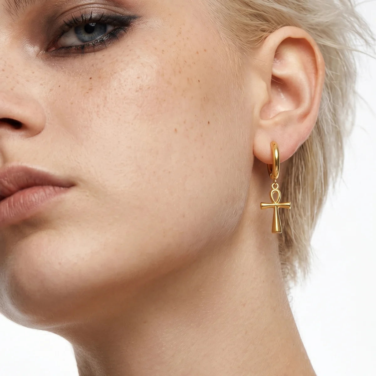 Ankh Dangle Hoop Earrings Gold Worn by Female Model