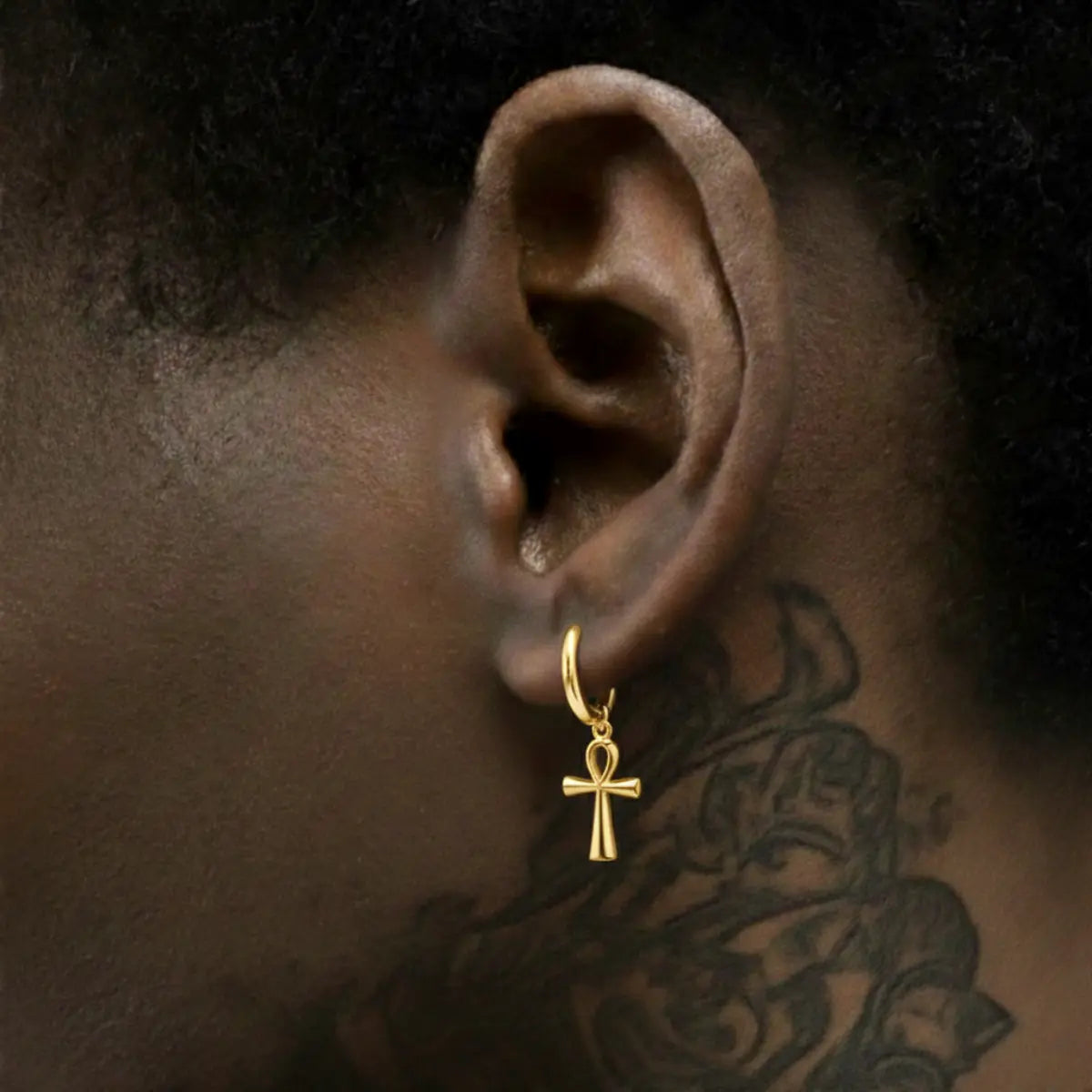 Ankh Dangle Hoop Earrings Gold Worn by Male Model