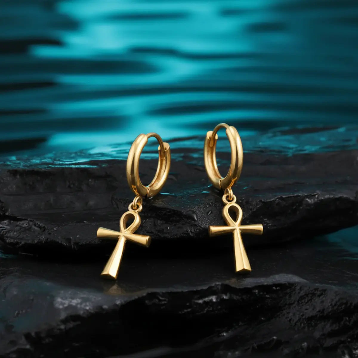 Ankh Dangle Hoop Earrings Gold