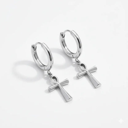 Ankh Dangle Hoop Earrings Silver Front