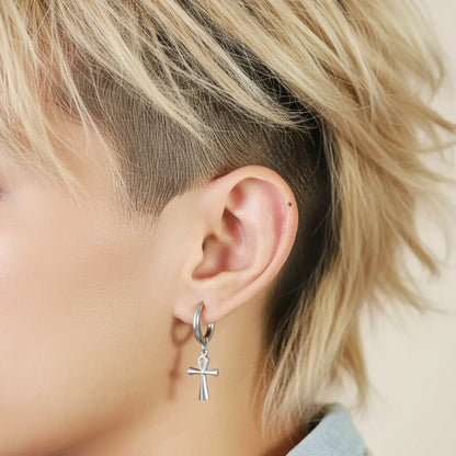 Ankh Dangle Hoop Earrings Silver Worn by Female Model