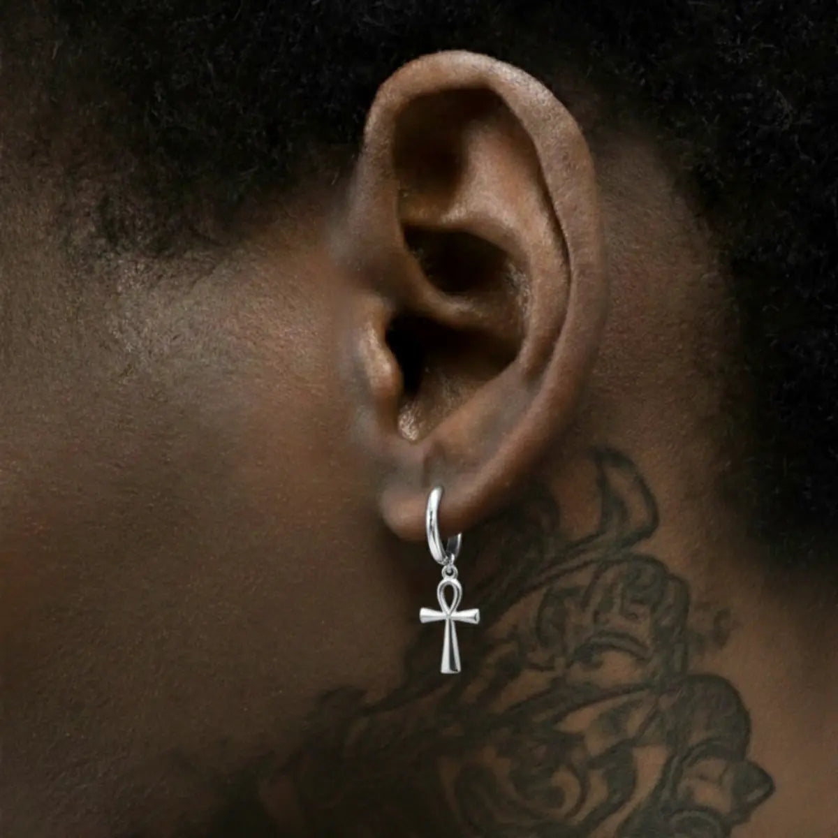 Ankh Dangle Hoop Earrings Silver Worn by Male Model