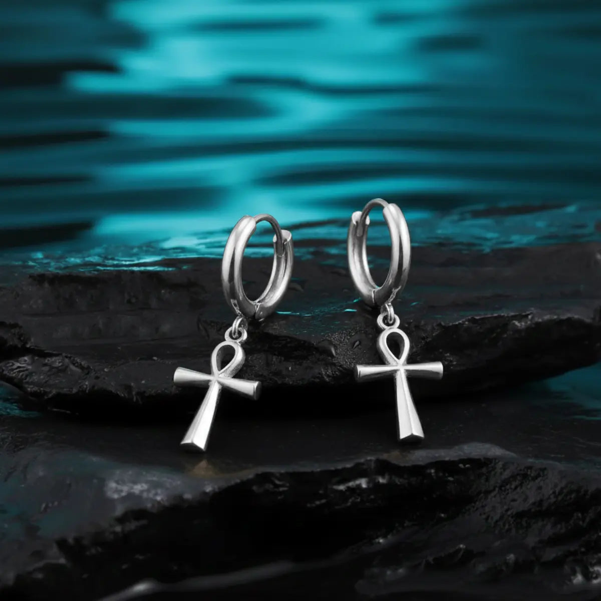 Ankh Dangle Hoop Earrings Silver