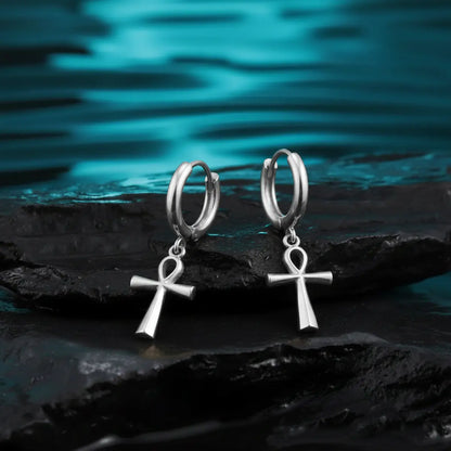 Ankh Dangle Hoop Earrings Silver