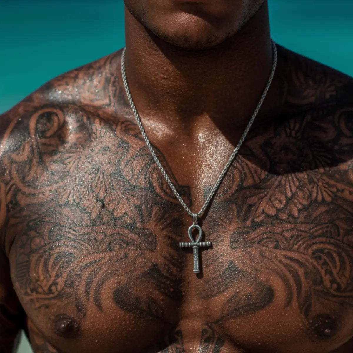 Ankh Necklace Stainless Steel Worn by Male Model