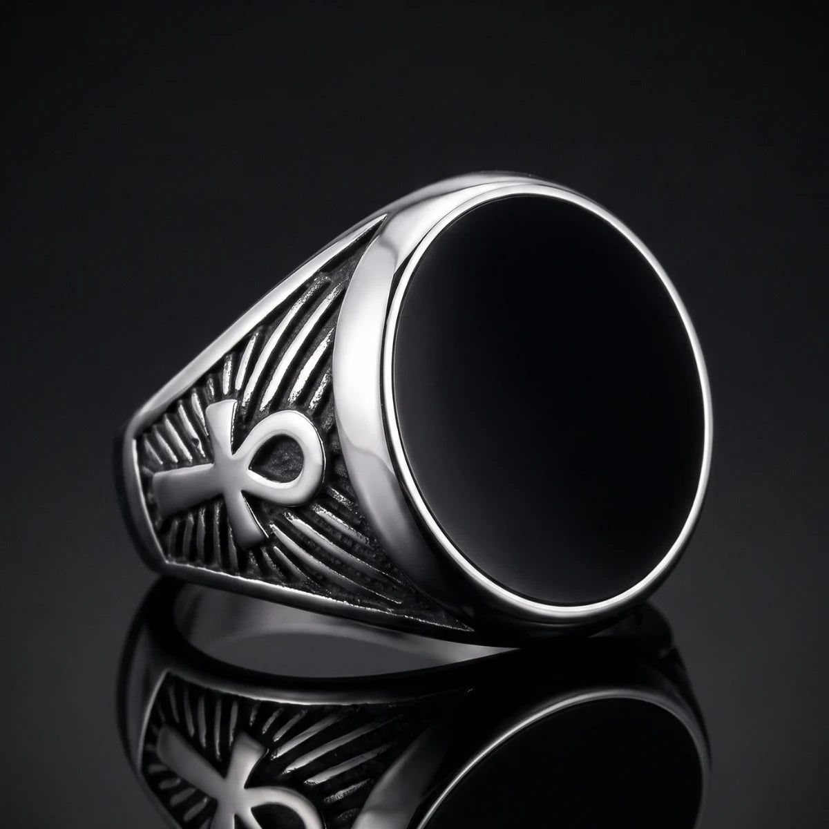 Ankh Signet Ring Silver with Black Drip Epoxy Close Up Black Background