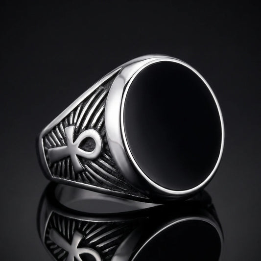 Ankh Signet Ring Silver with Black Drip Epoxy Close Up Black Background