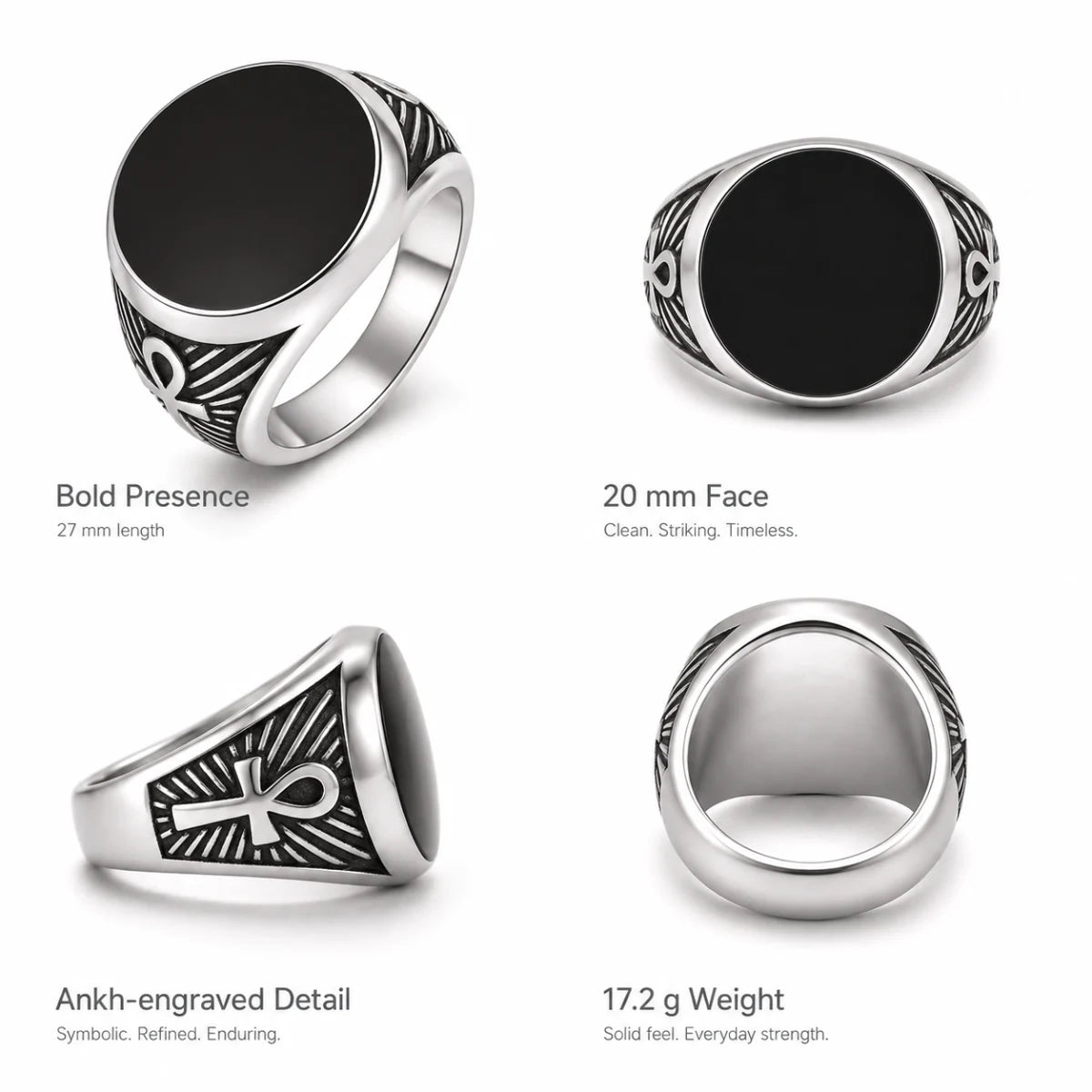 Ankh Signet Ring Silver with Black Drip Epoxy Details and Features Infographic