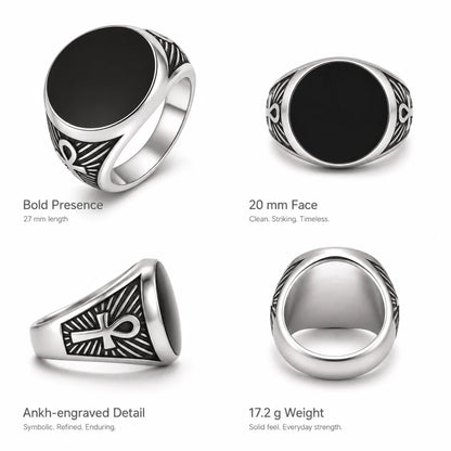 Ankh Signet Ring Silver with Black Drip Epoxy Details and Features Infographic