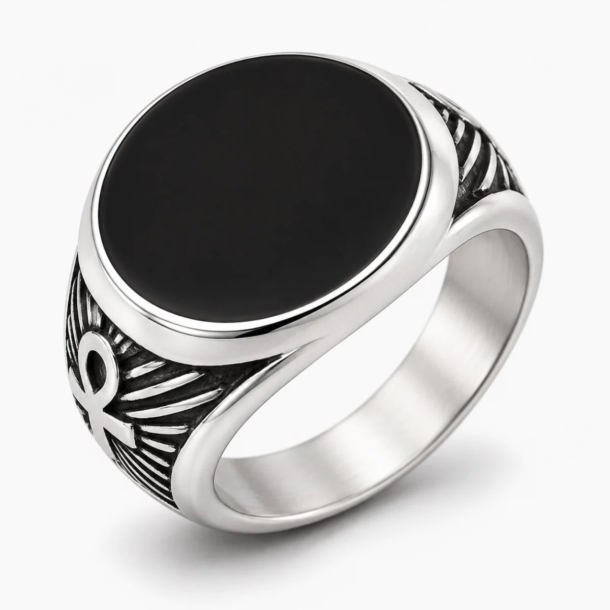 Ankh Signet Ring Silver with Black Drip Epoxy Front View White Background